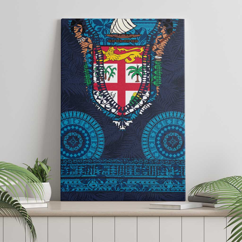 Fiji Coat of Arms Traditional Dashiki Canvas Wall Art Tapa Art and Palm Leaves Pattern Dark Navy Color LT03 - Polynesian Pride