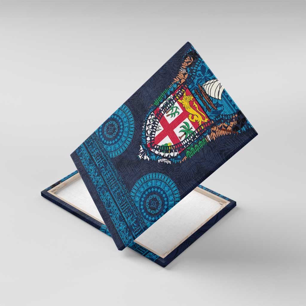 Fiji Coat of Arms Traditional Dashiki Canvas Wall Art Tapa Art and Palm Leaves Pattern Dark Navy Color LT03 With Frame Navy - Polynesian Pride