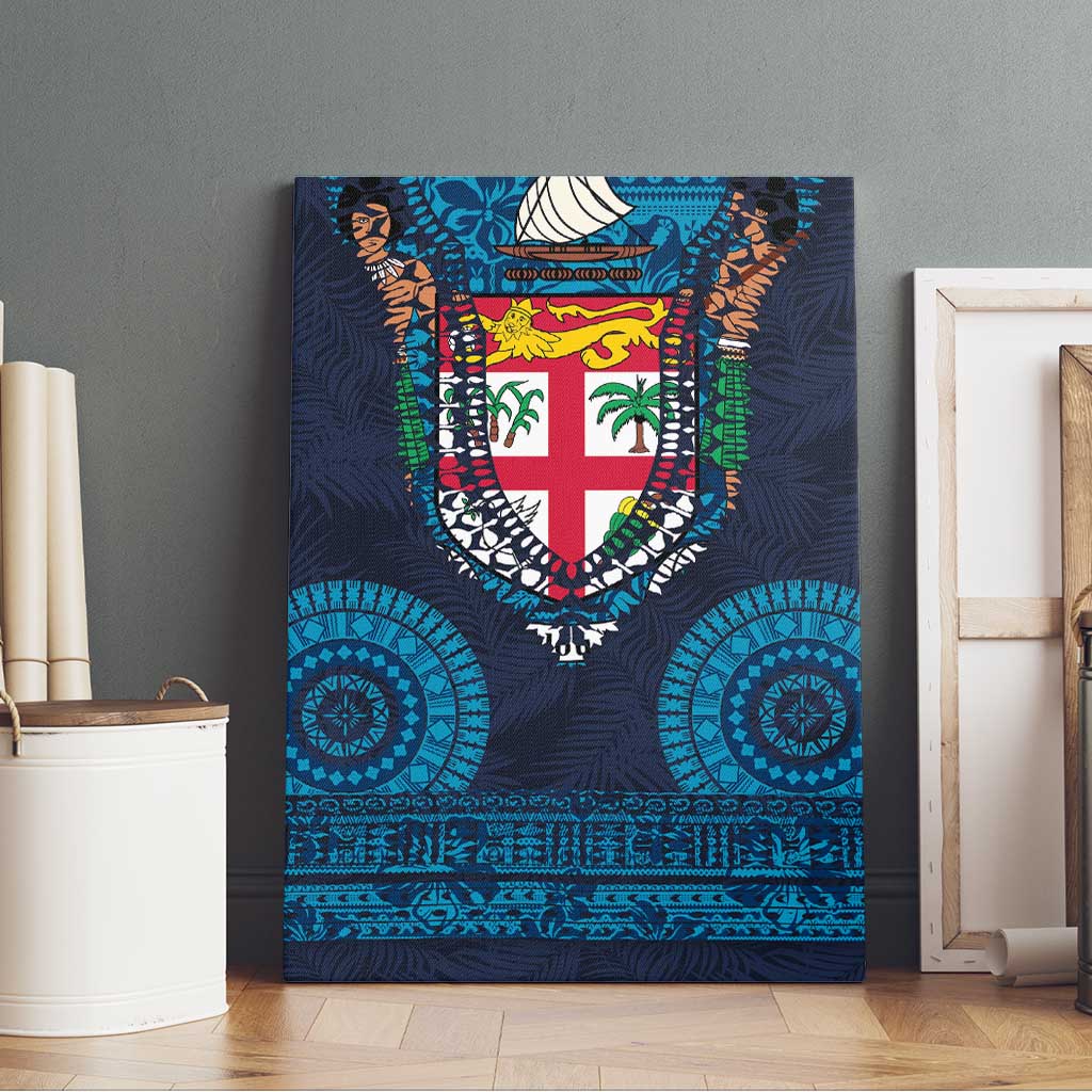 Fiji Coat of Arms Traditional Dashiki Canvas Wall Art Tapa Art and Palm Leaves Pattern Dark Navy Color LT03 - Polynesian Pride