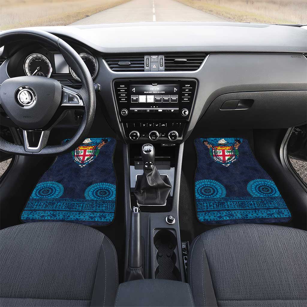 Fiji Coat of Arms Traditional Dashiki Car Mats Tapa Art and Palm Leaves Pattern Dark Navy Color LT03 Set 2pcs - Front Navy - Polynesian Pride