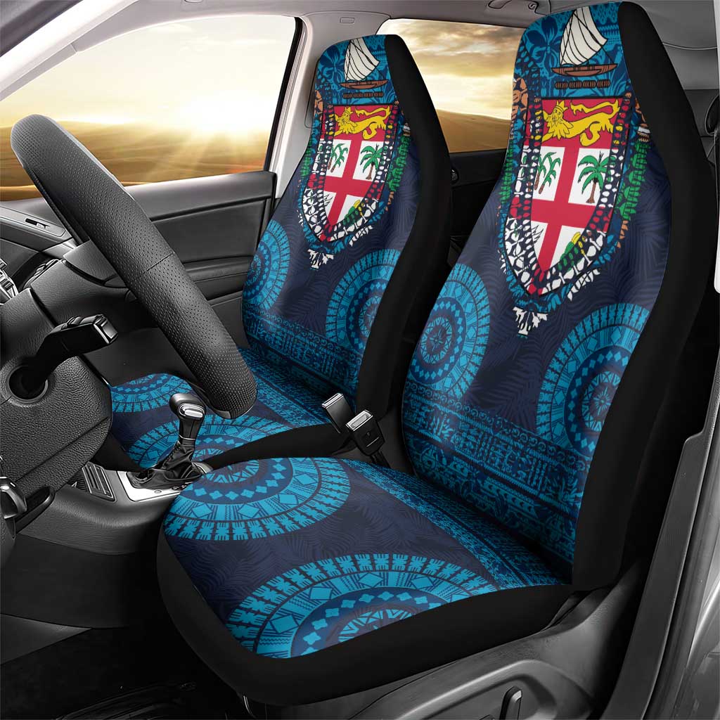 Fiji Coat of Arms Traditional Dashiki Car Seat Cover Tapa Art and Palm Leaves Pattern Dark Navy Color LT03 - Polynesian Pride