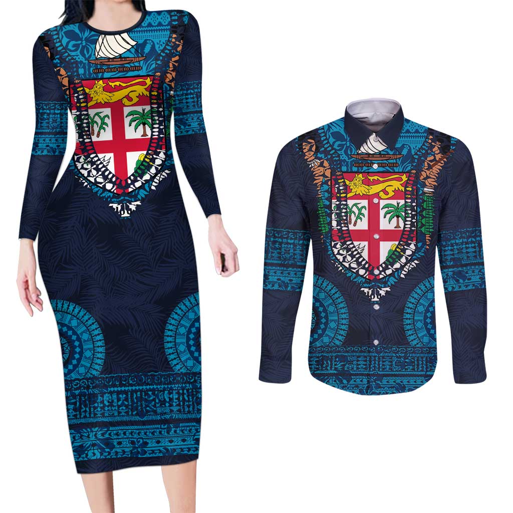 Fiji Coat of Arms Traditional Dashiki Couples Matching Long Sleeve Bodycon Dress and Long Sleeve Button Shirt Tapa Art and Palm Leaves Pattern Dark Navy Color LT03 Navy - Polynesian Pride