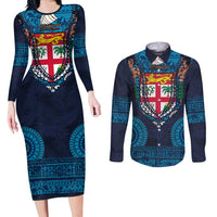 Fiji Coat of Arms Traditional Dashiki Couples Matching Long Sleeve Bodycon Dress and Long Sleeve Button Shirt Tapa Art and Palm Leaves Pattern Dark Navy Color LT03 Navy - Polynesian Pride
