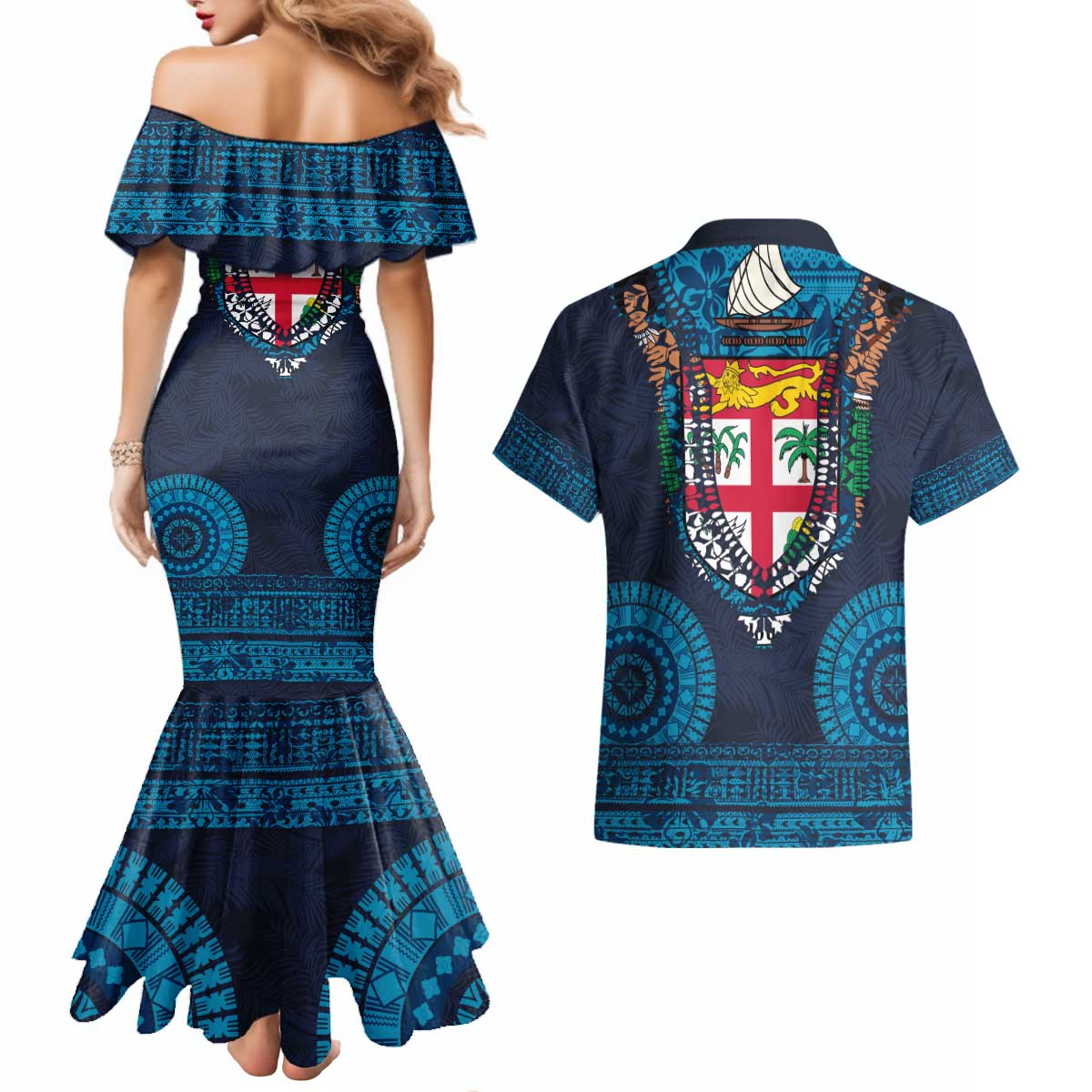 Fiji Coat of Arms Traditional Dashiki Couples Matching Mermaid Dress and Hawaiian Shirt Tapa Art and Palm Leaves Pattern Dark Navy Color LT03 - Polynesian Pride