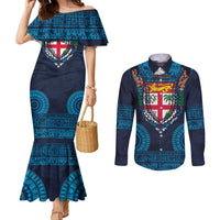 Fiji Coat of Arms Traditional Dashiki Couples Matching Mermaid Dress and Long Sleeve Button Shirt Tapa Art and Palm Leaves Pattern Dark Navy Color LT03 Navy - Polynesian Pride