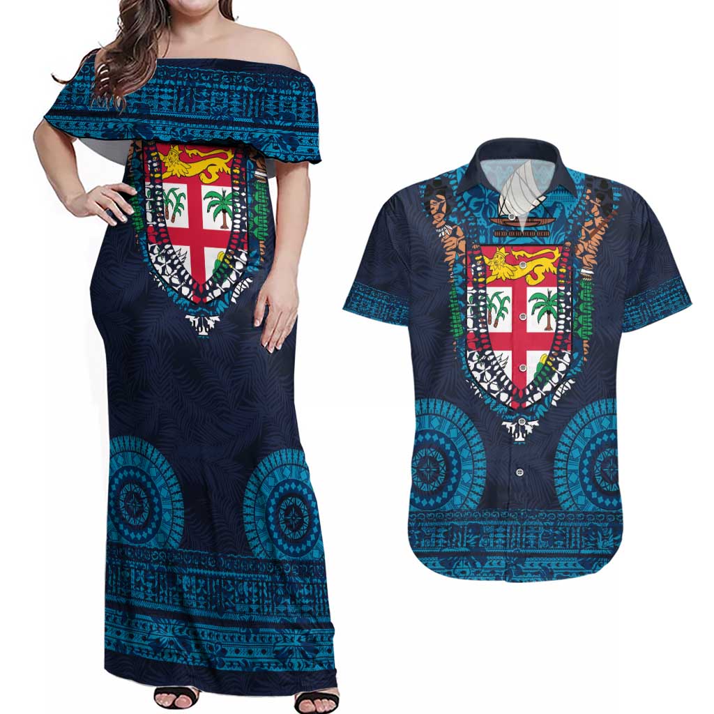 Fiji Coat of Arms Traditional Dashiki Couples Matching Off Shoulder Maxi Dress and Hawaiian Shirt Tapa Art and Palm Leaves Pattern Dark Navy Color LT03 Navy - Polynesian Pride