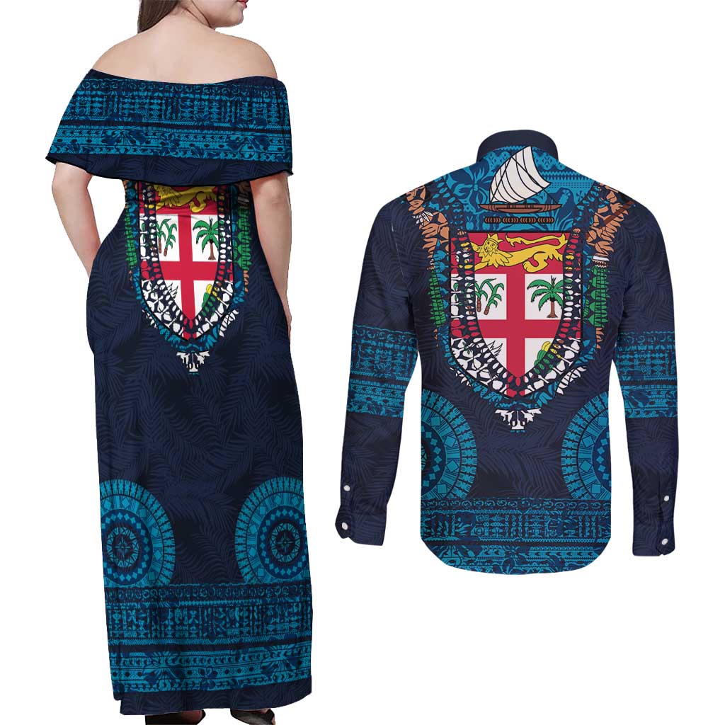 Fiji Coat of Arms Traditional Dashiki Couples Matching Off Shoulder Maxi Dress and Long Sleeve Button Shirt Tapa Art and Palm Leaves Pattern Dark Navy Color LT03 - Polynesian Pride
