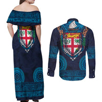 Fiji Coat of Arms Traditional Dashiki Couples Matching Off Shoulder Maxi Dress and Long Sleeve Button Shirt Tapa Art and Palm Leaves Pattern Dark Navy Color LT03 - Polynesian Pride