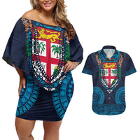Fiji Coat of Arms Traditional Dashiki Couples Matching Off Shoulder Short Dress and Hawaiian Shirt Tapa Art and Palm Leaves Pattern Dark Navy Color LT03 Navy - Polynesian Pride