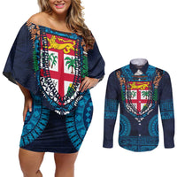 Fiji Coat of Arms Traditional Dashiki Couples Matching Off Shoulder Short Dress and Long Sleeve Button Shirt Tapa Art and Palm Leaves Pattern Dark Navy Color LT03 Navy - Polynesian Pride