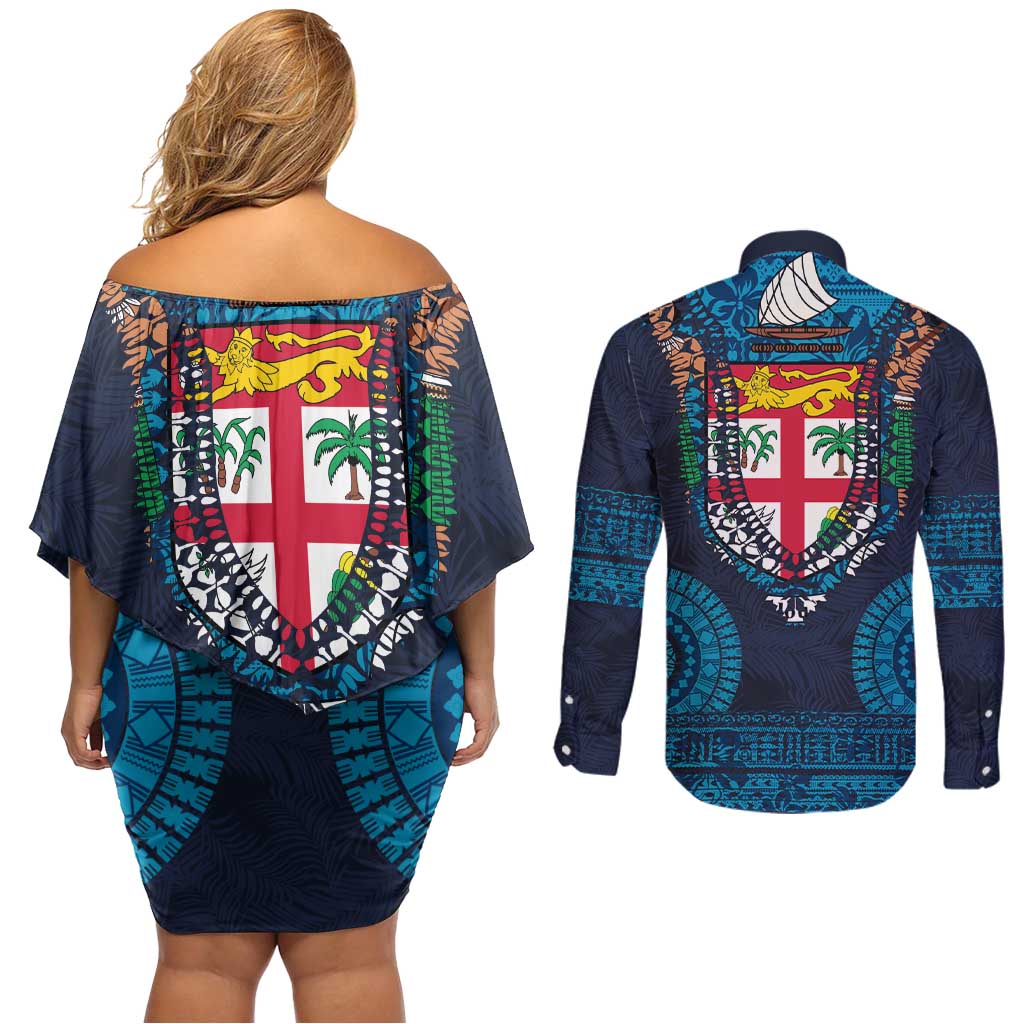 Fiji Coat of Arms Traditional Dashiki Couples Matching Off Shoulder Short Dress and Long Sleeve Button Shirt Tapa Art and Palm Leaves Pattern Dark Navy Color LT03 - Polynesian Pride