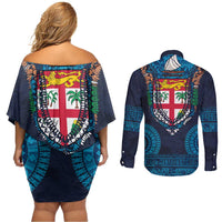 Fiji Coat of Arms Traditional Dashiki Couples Matching Off Shoulder Short Dress and Long Sleeve Button Shirt Tapa Art and Palm Leaves Pattern Dark Navy Color LT03 - Polynesian Pride