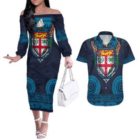 Fiji Coat of Arms Traditional Dashiki Couples Matching Off The Shoulder Long Sleeve Dress and Hawaiian Shirt Tapa Art and Palm Leaves Pattern Dark Navy Color LT03 Navy - Polynesian Pride