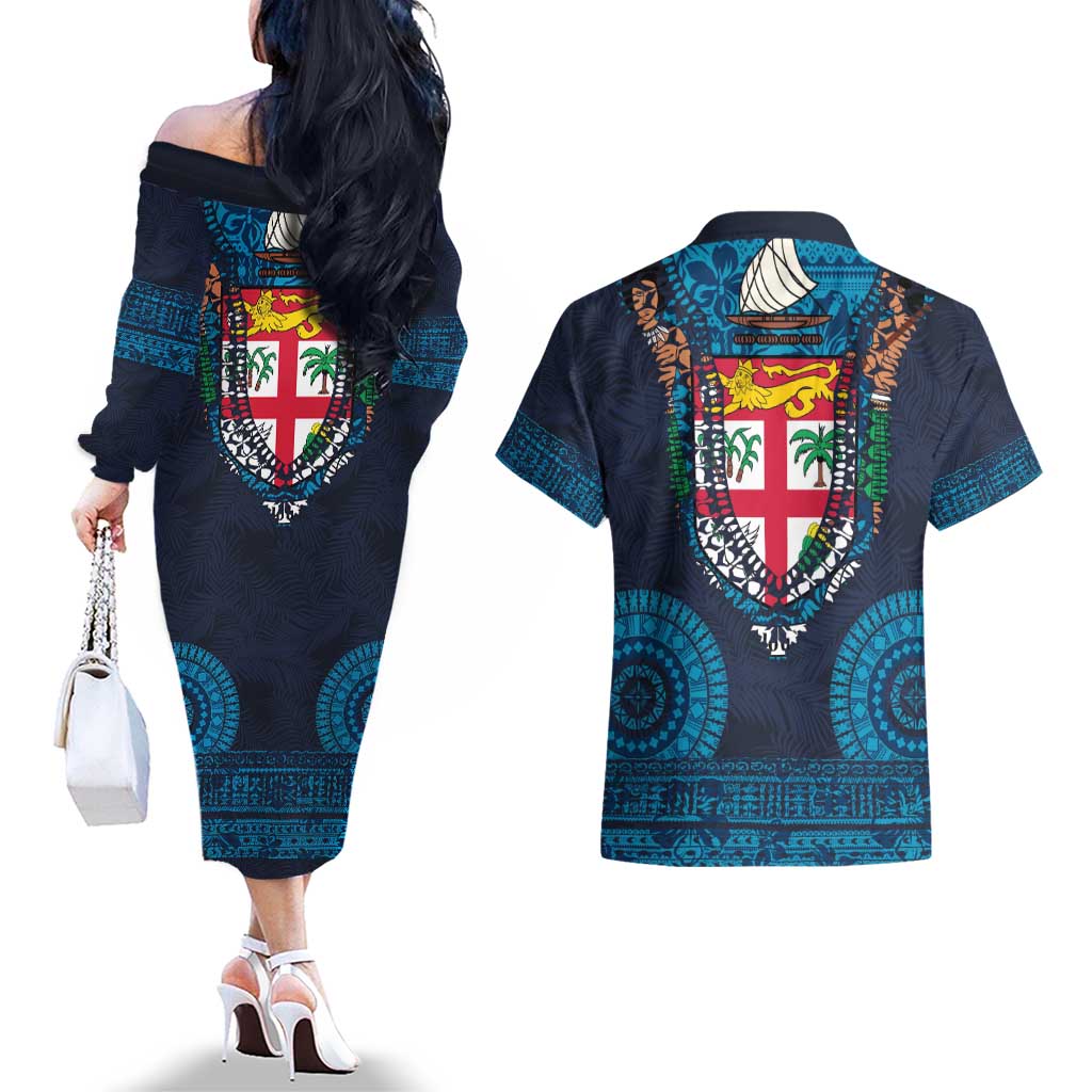 Fiji Coat of Arms Traditional Dashiki Couples Matching Off The Shoulder Long Sleeve Dress and Hawaiian Shirt Tapa Art and Palm Leaves Pattern Dark Navy Color LT03 - Polynesian Pride