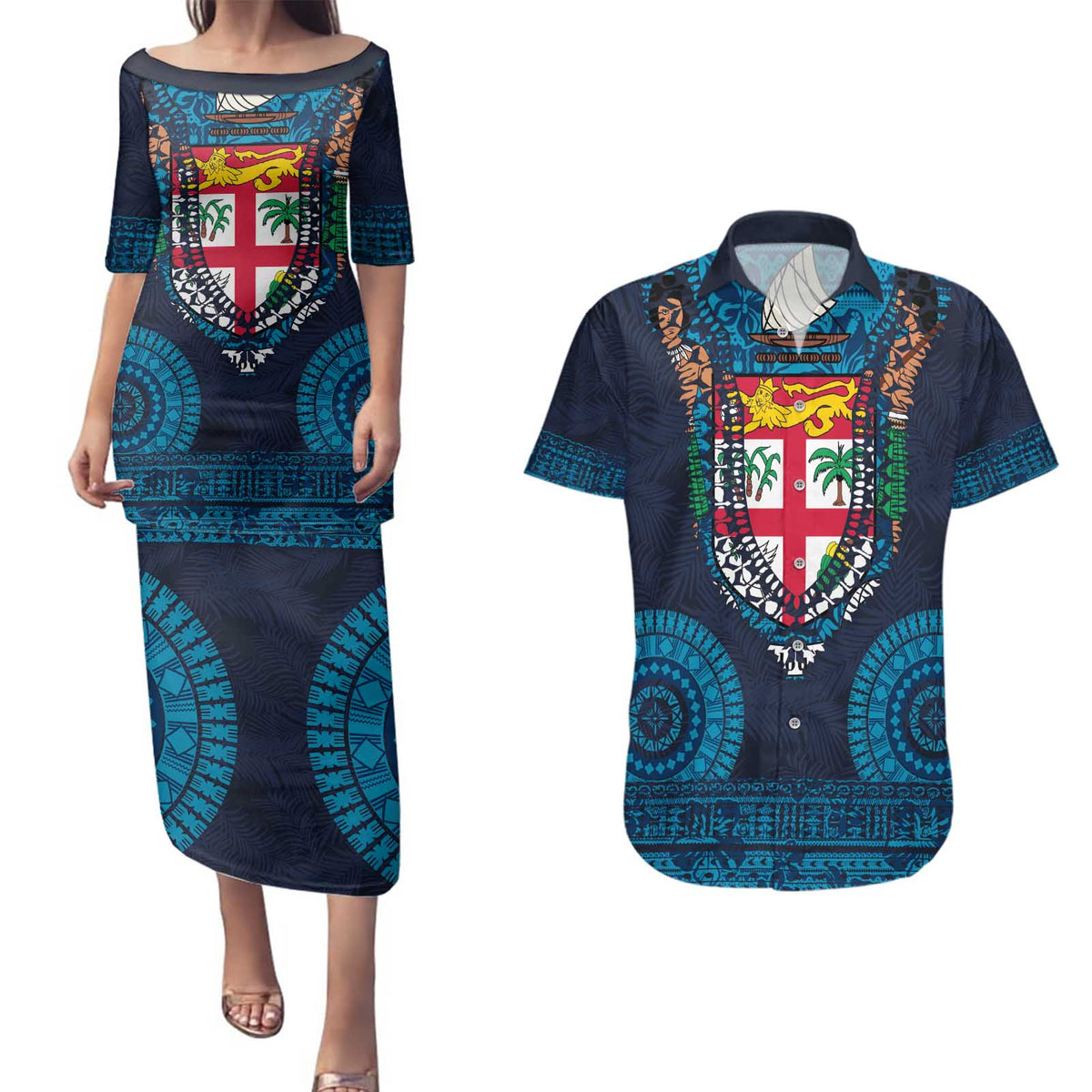 Fiji Coat of Arms Traditional Dashiki Couples Matching Puletasi and Hawaiian Shirt Tapa Art and Palm Leaves Pattern Dark Navy Color LT03 Navy - Polynesian Pride