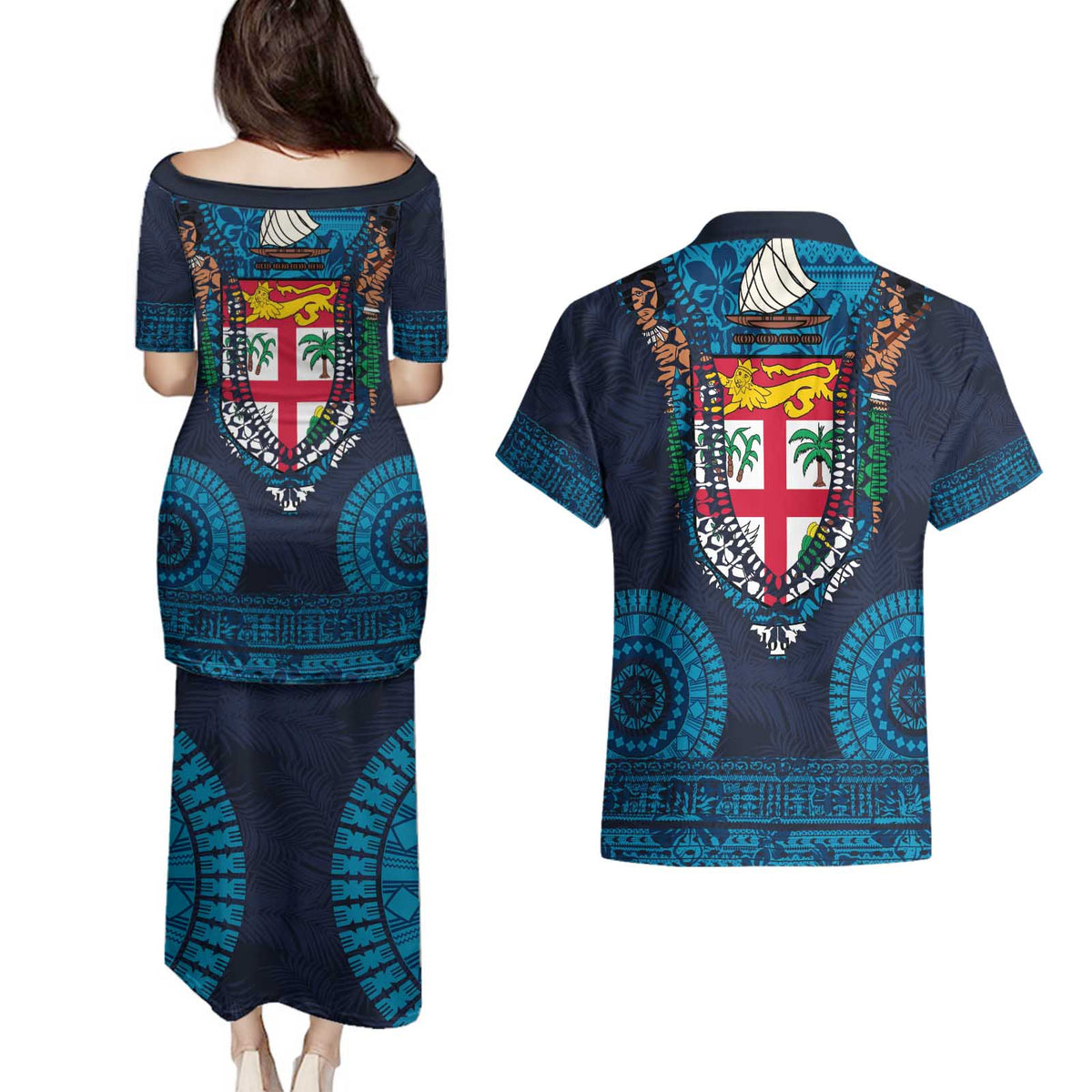 Fiji Coat of Arms Traditional Dashiki Couples Matching Puletasi and Hawaiian Shirt Tapa Art and Palm Leaves Pattern Dark Navy Color LT03 - Polynesian Pride