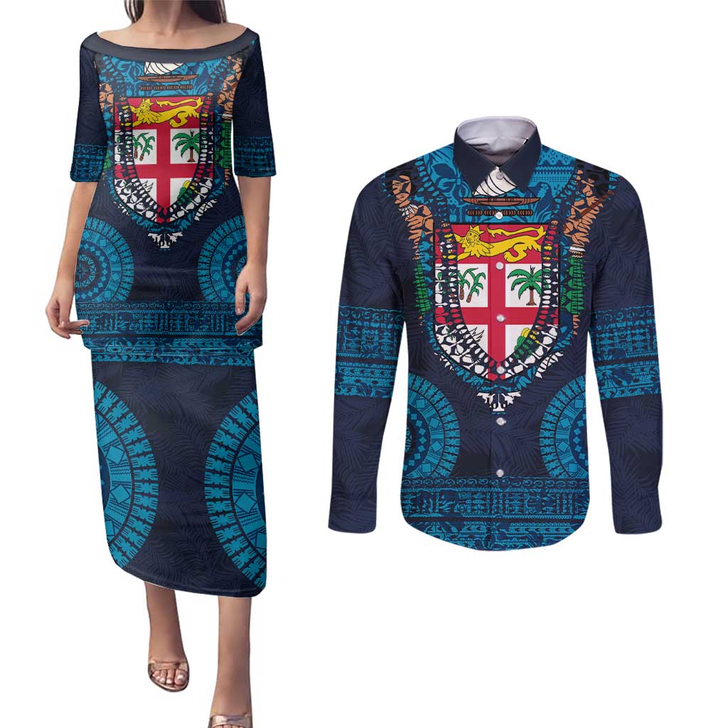 Fiji Coat of Arms Traditional Dashiki Couples Matching Puletasi and Long Sleeve Button Shirt Tapa Art and Palm Leaves Pattern Dark Navy Color LT03 Navy - Polynesian Pride