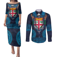 Fiji Coat of Arms Traditional Dashiki Couples Matching Puletasi and Long Sleeve Button Shirt Tapa Art and Palm Leaves Pattern Dark Navy Color LT03 Navy - Polynesian Pride