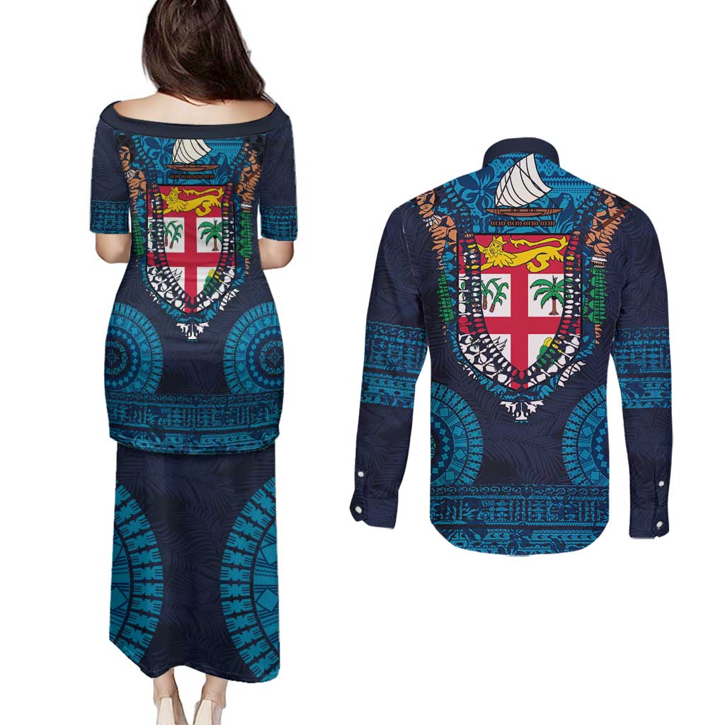 Fiji Coat of Arms Traditional Dashiki Couples Matching Puletasi and Long Sleeve Button Shirt Tapa Art and Palm Leaves Pattern Dark Navy Color LT03 - Polynesian Pride