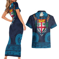 Fiji Coat of Arms Traditional Dashiki Couples Matching Short Sleeve Bodycon Dress and Hawaiian Shirt Tapa Art and Palm Leaves Pattern Dark Navy Color LT03 - Polynesian Pride