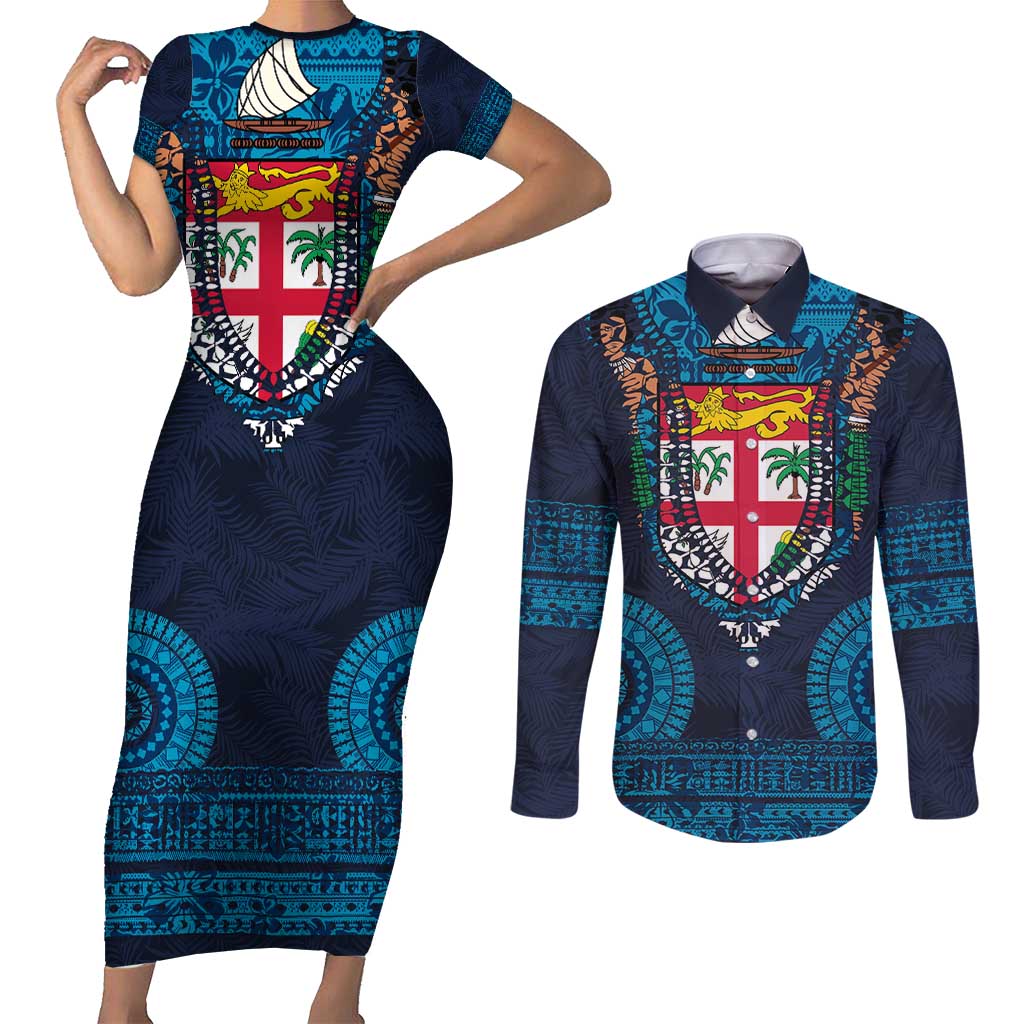 Fiji Coat of Arms Traditional Dashiki Couples Matching Short Sleeve Bodycon Dress and Long Sleeve Button Shirt Tapa Art and Palm Leaves Pattern Dark Navy Color LT03 Navy - Polynesian Pride