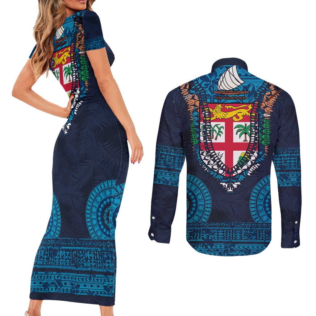 Fiji Coat of Arms Traditional Dashiki Couples Matching Short Sleeve Bodycon Dress and Long Sleeve Button Shirt Tapa Art and Palm Leaves Pattern Dark Navy Color LT03 - Polynesian Pride