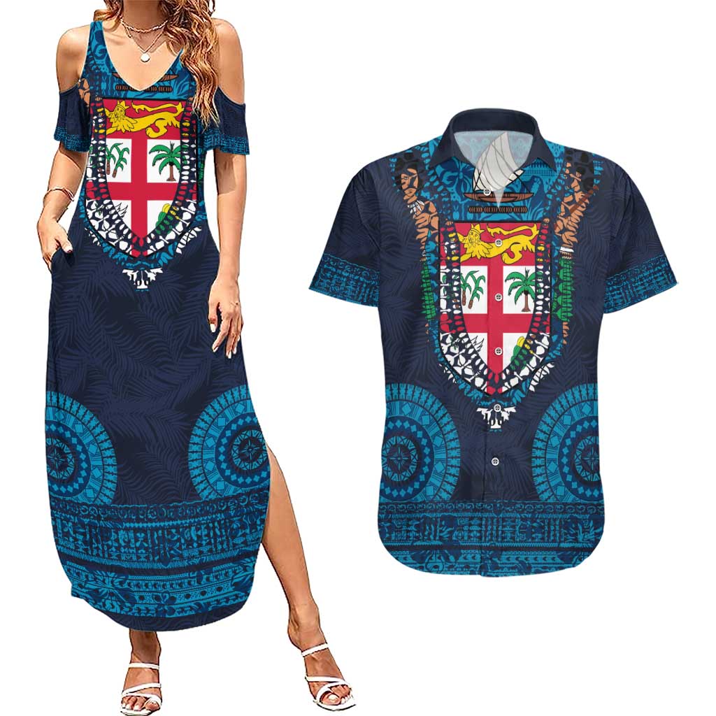 Fiji Coat of Arms Traditional Dashiki Couples Matching Summer Maxi Dress and Hawaiian Shirt Tapa Art and Palm Leaves Pattern Dark Navy Color LT03 Navy - Polynesian Pride