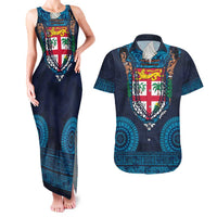 Fiji Coat of Arms Traditional Dashiki Couples Matching Tank Maxi Dress and Hawaiian Shirt Tapa Art and Palm Leaves Pattern Dark Navy Color LT03 Navy - Polynesian Pride