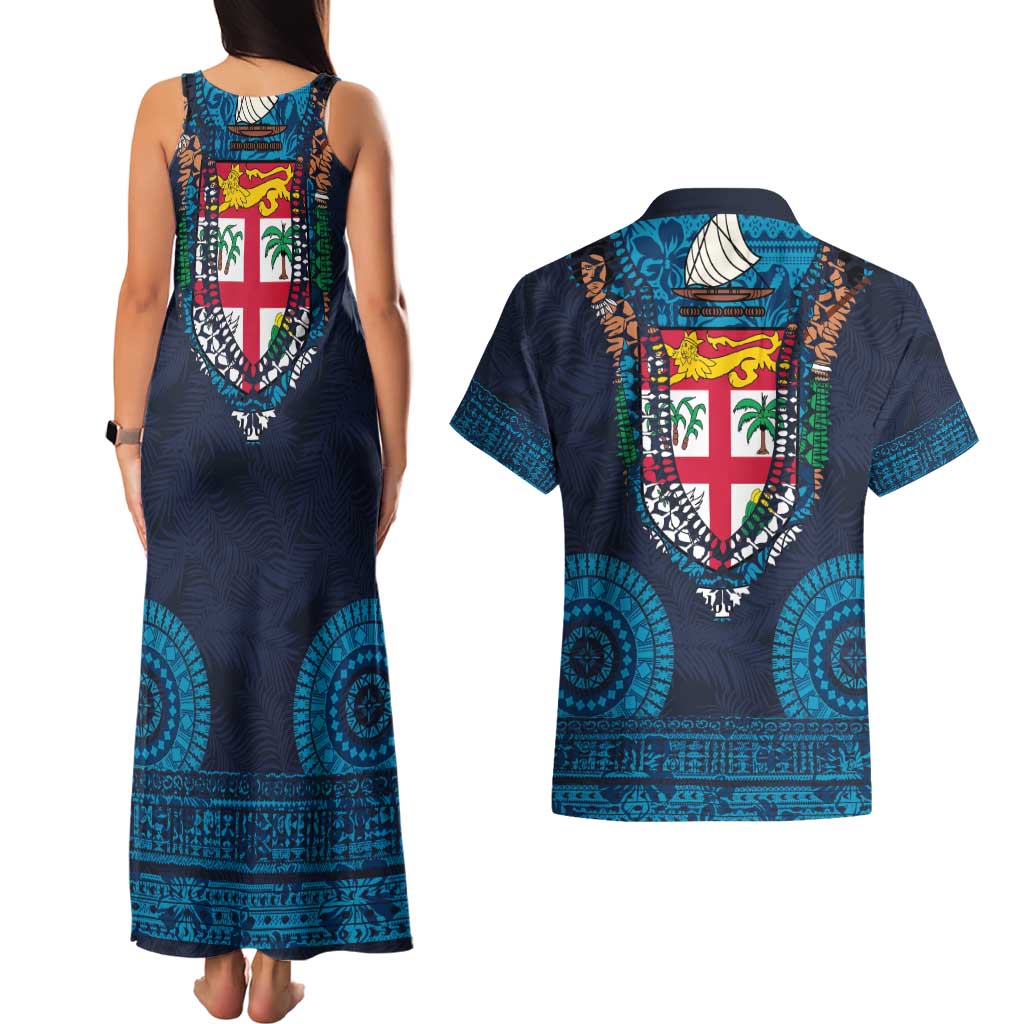 Fiji Coat of Arms Traditional Dashiki Couples Matching Tank Maxi Dress and Hawaiian Shirt Tapa Art and Palm Leaves Pattern Dark Navy Color LT03 - Polynesian Pride