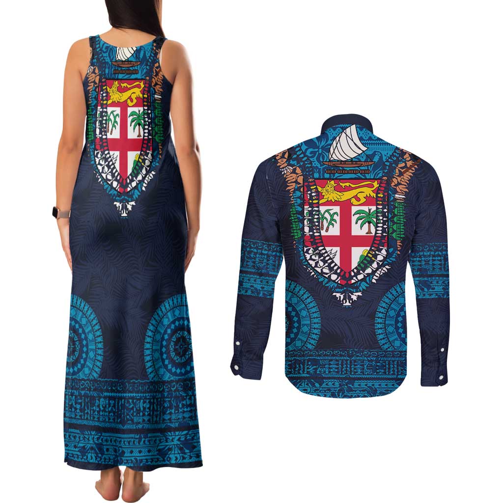 Fiji Coat of Arms Traditional Dashiki Couples Matching Tank Maxi Dress and Long Sleeve Button Shirt Tapa Art and Palm Leaves Pattern Dark Navy Color LT03 - Polynesian Pride