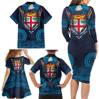 Fiji Coat of Arms Traditional Dashiki Family Matching Long Sleeve Bodycon Dress and Hawaiian Shirt Tapa Art and Palm Leaves Pattern Dark Navy Color LT03 - Polynesian Pride