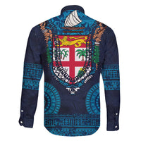 Fiji Coat of Arms Traditional Dashiki Family Matching Long Sleeve Bodycon Dress and Hawaiian Shirt Tapa Art and Palm Leaves Pattern Dark Navy Color LT03 - Polynesian Pride