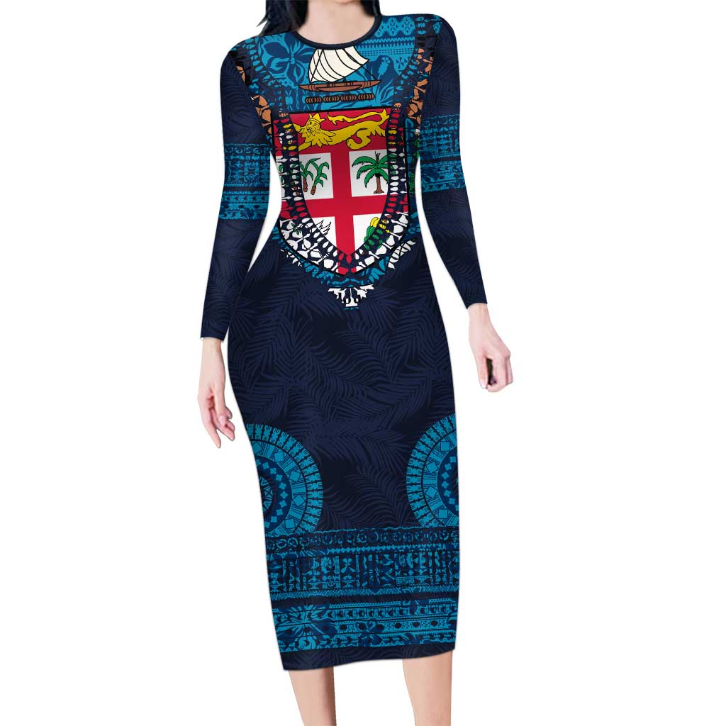Fiji Coat of Arms Traditional Dashiki Family Matching Long Sleeve Bodycon Dress and Hawaiian Shirt Tapa Art and Palm Leaves Pattern Dark Navy Color LT03 Mom's Dress Navy - Polynesian Pride