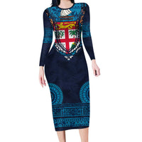 Fiji Coat of Arms Traditional Dashiki Family Matching Long Sleeve Bodycon Dress and Hawaiian Shirt Tapa Art and Palm Leaves Pattern Dark Navy Color LT03 Mom's Dress Navy - Polynesian Pride