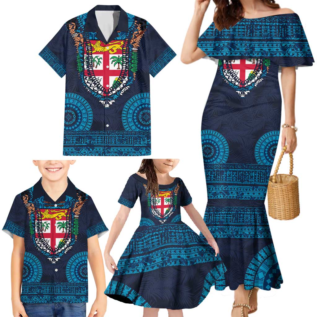 Fiji Coat of Arms Traditional Dashiki Family Matching Mermaid Dress and Hawaiian Shirt Tapa Art and Palm Leaves Pattern Dark Navy Color LT03 - Polynesian Pride
