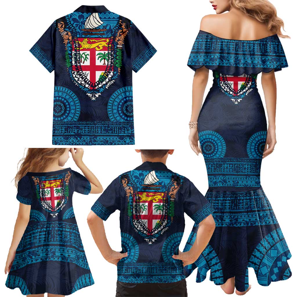 Fiji Coat of Arms Traditional Dashiki Family Matching Mermaid Dress and Hawaiian Shirt Tapa Art and Palm Leaves Pattern Dark Navy Color LT03 - Polynesian Pride