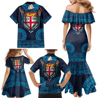 Fiji Coat of Arms Traditional Dashiki Family Matching Mermaid Dress and Hawaiian Shirt Tapa Art and Palm Leaves Pattern Dark Navy Color LT03 - Polynesian Pride