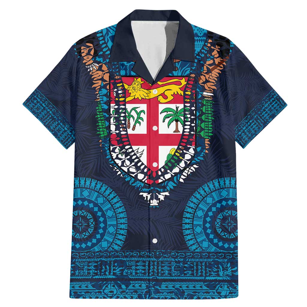 Fiji Coat of Arms Traditional Dashiki Family Matching Mermaid Dress and Hawaiian Shirt Tapa Art and Palm Leaves Pattern Dark Navy Color LT03 Dad's Shirt - Short Sleeve Navy - Polynesian Pride