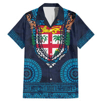 Fiji Coat of Arms Traditional Dashiki Family Matching Mermaid Dress and Hawaiian Shirt Tapa Art and Palm Leaves Pattern Dark Navy Color LT03 Dad's Shirt - Short Sleeve Navy - Polynesian Pride