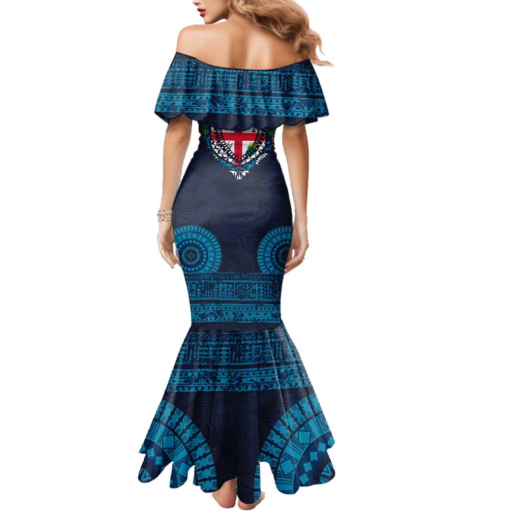 Fiji Coat of Arms Traditional Dashiki Family Matching Mermaid Dress and Hawaiian Shirt Tapa Art and Palm Leaves Pattern Dark Navy Color LT03 - Polynesian Pride