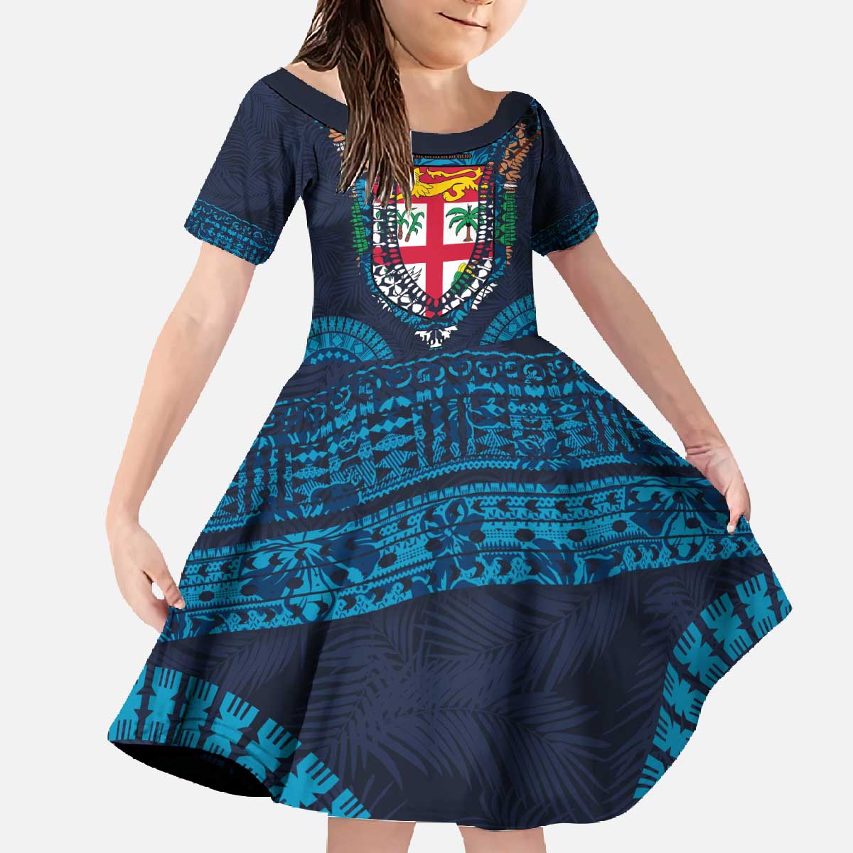Fiji Coat of Arms Traditional Dashiki Family Matching Off The Shoulder Long Sleeve Dress and Hawaiian Shirt Tapa Art and Palm Leaves Pattern Dark Navy Color LT03 Daughter's Dress Navy - Polynesian Pride