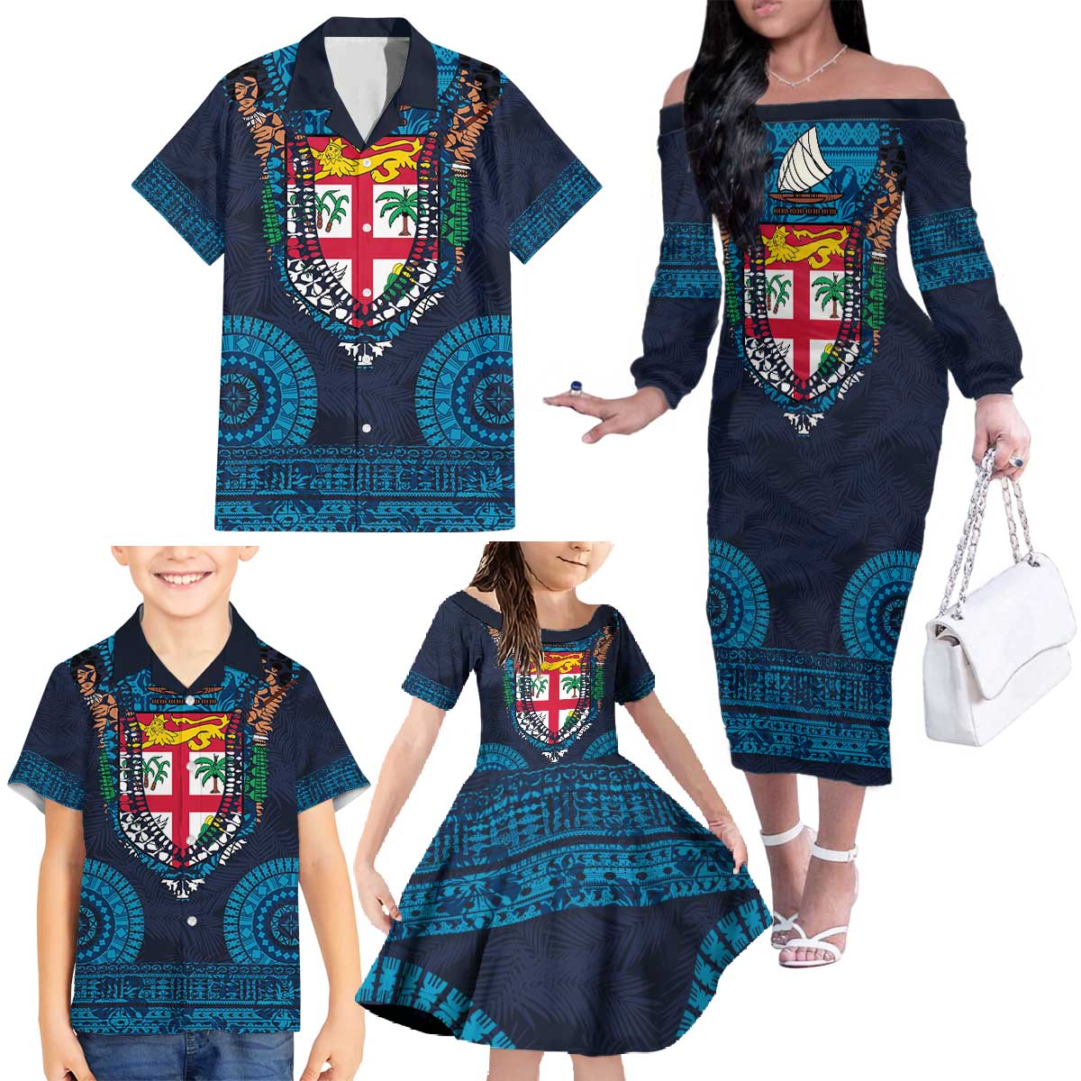 Fiji Coat of Arms Traditional Dashiki Family Matching Off The Shoulder Long Sleeve Dress and Hawaiian Shirt Tapa Art and Palm Leaves Pattern Dark Navy Color LT03 - Polynesian Pride