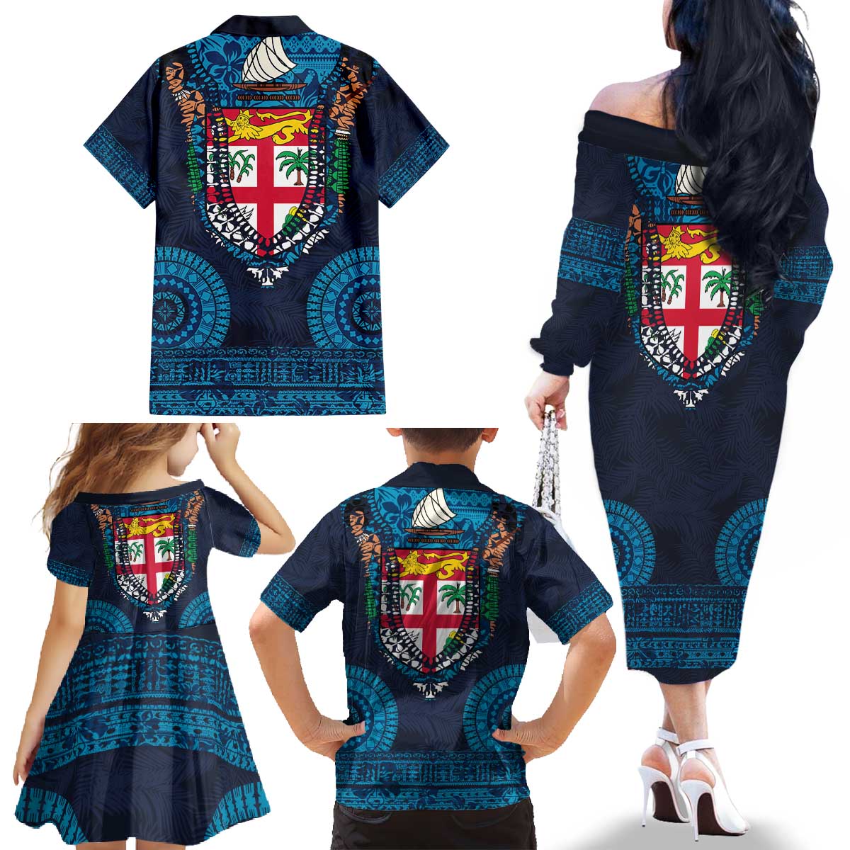Fiji Coat of Arms Traditional Dashiki Family Matching Off The Shoulder Long Sleeve Dress and Hawaiian Shirt Tapa Art and Palm Leaves Pattern Dark Navy Color LT03 - Polynesian Pride