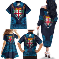 Fiji Coat of Arms Traditional Dashiki Family Matching Off The Shoulder Long Sleeve Dress and Hawaiian Shirt Tapa Art and Palm Leaves Pattern Dark Navy Color LT03 - Polynesian Pride