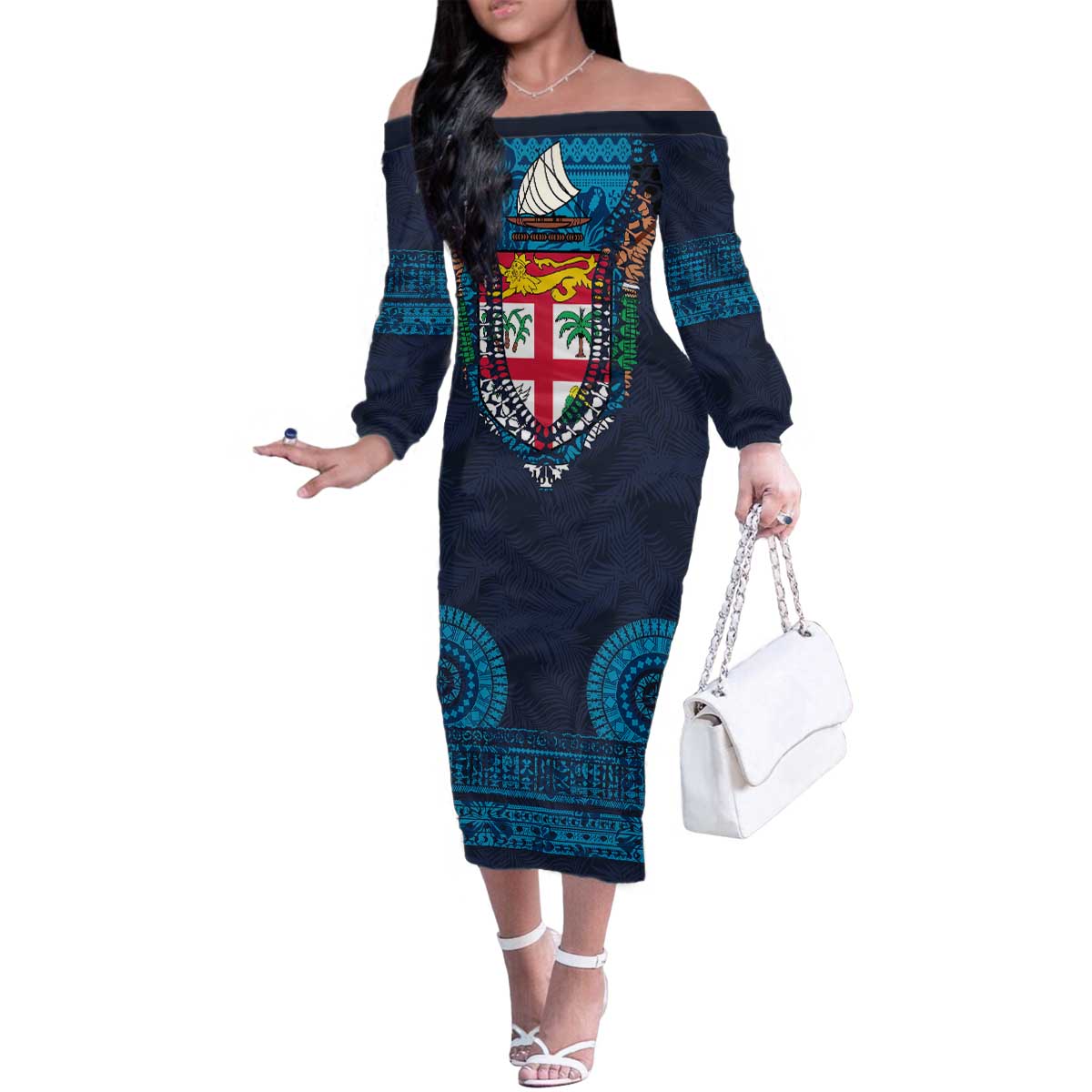 Fiji Coat of Arms Traditional Dashiki Family Matching Off The Shoulder Long Sleeve Dress and Hawaiian Shirt Tapa Art and Palm Leaves Pattern Dark Navy Color LT03 Mom's Dress Navy - Polynesian Pride