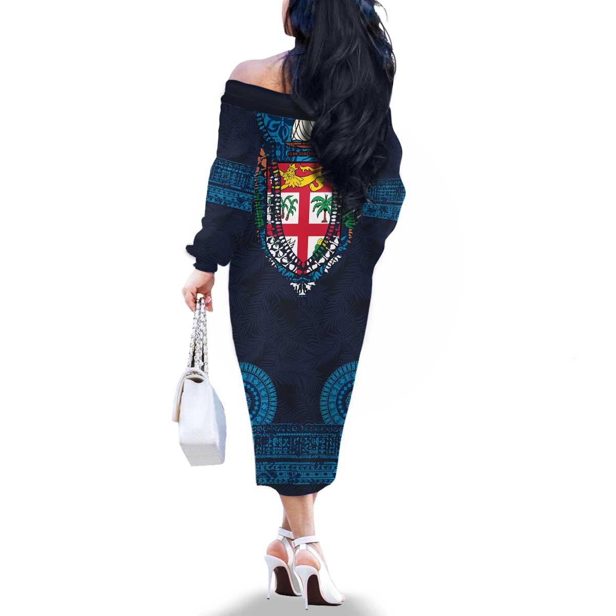 Fiji Coat of Arms Traditional Dashiki Family Matching Off The Shoulder Long Sleeve Dress and Hawaiian Shirt Tapa Art and Palm Leaves Pattern Dark Navy Color LT03 - Polynesian Pride