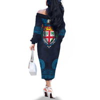 Fiji Coat of Arms Traditional Dashiki Family Matching Off The Shoulder Long Sleeve Dress and Hawaiian Shirt Tapa Art and Palm Leaves Pattern Dark Navy Color LT03 - Polynesian Pride