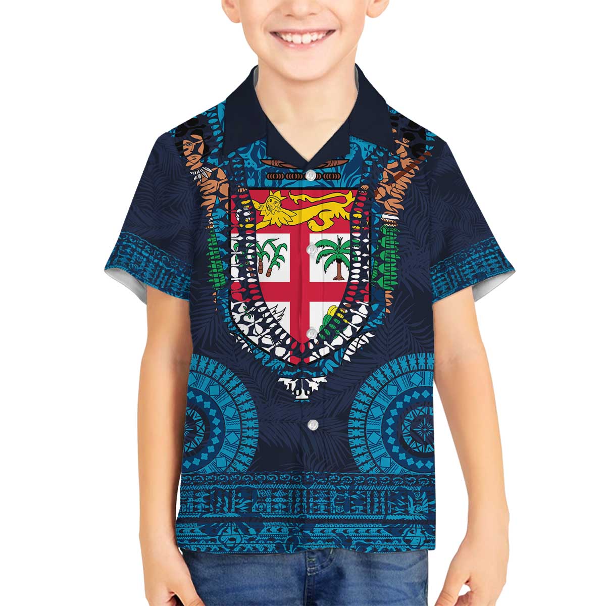 Fiji Coat of Arms Traditional Dashiki Family Matching Off The Shoulder Long Sleeve Dress and Hawaiian Shirt Tapa Art and Palm Leaves Pattern Dark Navy Color LT03 Son's Shirt Navy - Polynesian Pride