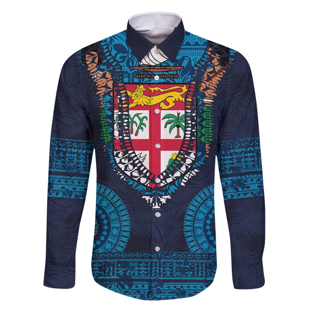 Fiji Coat of Arms Traditional Dashiki Family Matching Off Shoulder Maxi Dress and Hawaiian Shirt Tapa Art and Palm Leaves Pattern Dark Navy Color LT03 Dad's Shirt - Long Sleeve Navy - Polynesian Pride