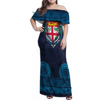 Fiji Coat of Arms Traditional Dashiki Family Matching Off Shoulder Maxi Dress and Hawaiian Shirt Tapa Art and Palm Leaves Pattern Dark Navy Color LT03 Mom's Dress Navy - Polynesian Pride